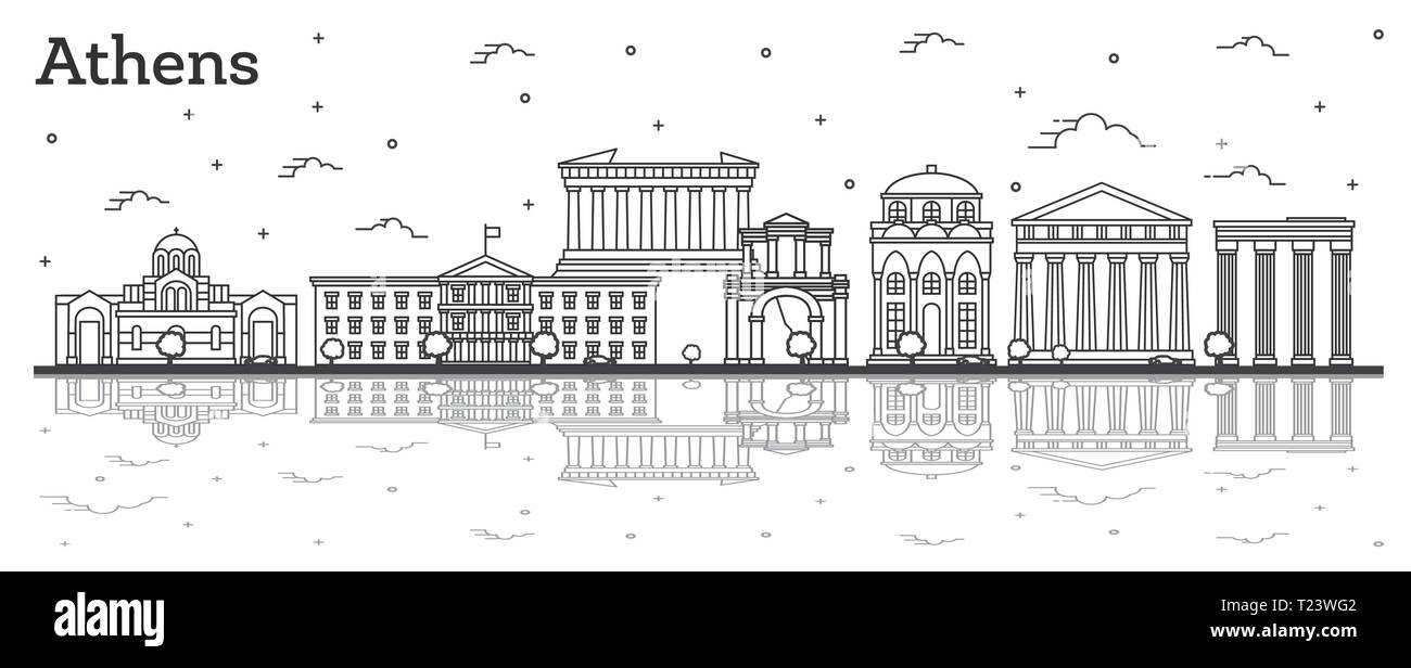 Athènes Grèce aperçu sur les toits de la ville aux bâtiments historiques et réflexions isolé sur blanc. Vector Illustration. Paysage urbain d'Athènes avec repères. Illustration de Vecteur