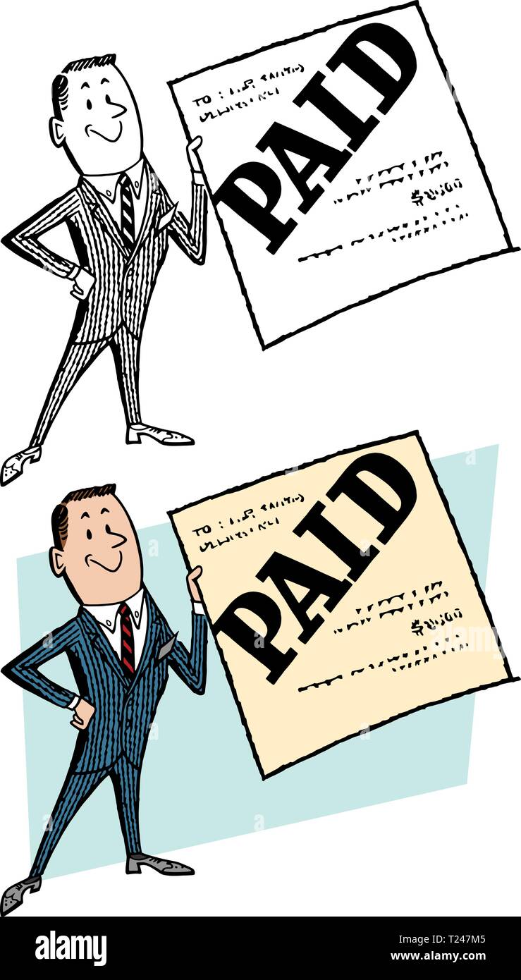 Un homme tenant une loi estampillé avec le mot payé Illustration de Vecteur