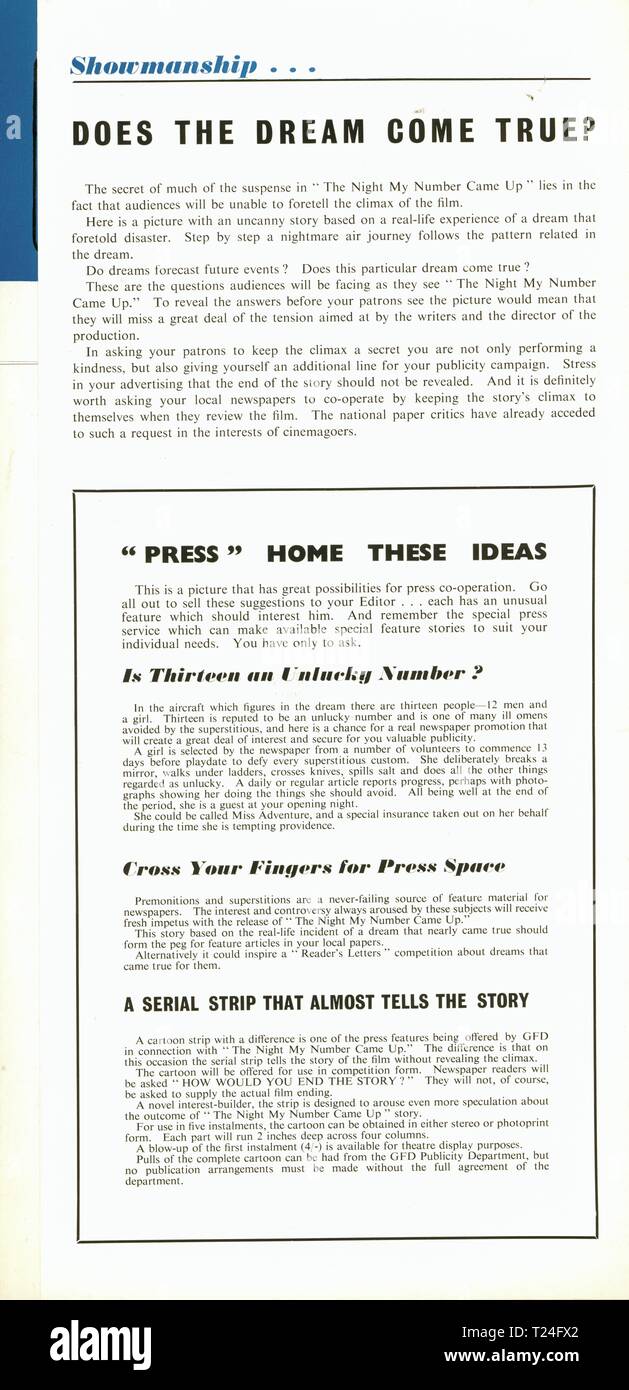 La nuit Mon Numéro est arrivé (1955), de l'information Publicité Date : 1955 Banque D'Images