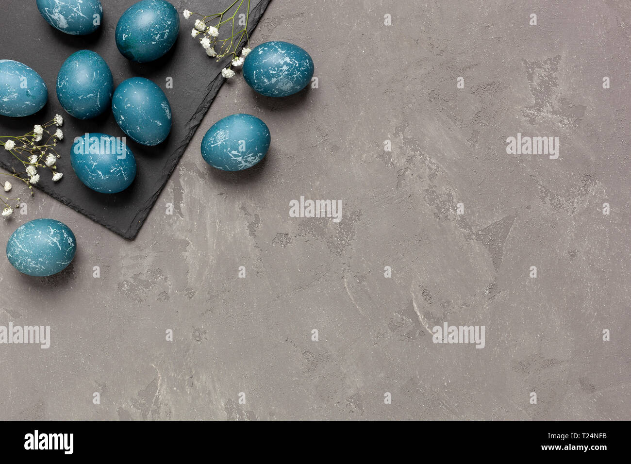 Fond de Pâques - oeufs bleus teints avec des feuilles de chou rouge, fleurs de gitsophila, tableau d'ardoise sur fond texturé gris - lieu pour le texte Banque D'Images