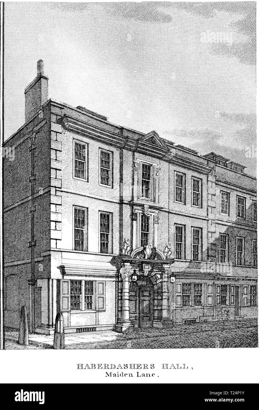 Une gravure d'Haberdashers Hall, Maiden Lane, London UK numérisées à haute résolution à partir d'un livre publié en 1814. Croyait libres de droit. Banque D'Images