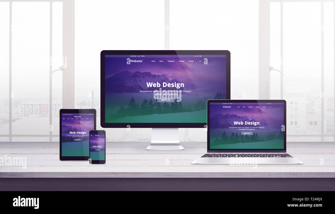 Site web adapté concept sur plusieurs appareils. Bureau avec fenêtre en arrière-plan. Télévision web design moderne avec violet vert page concept. Banque D'Images