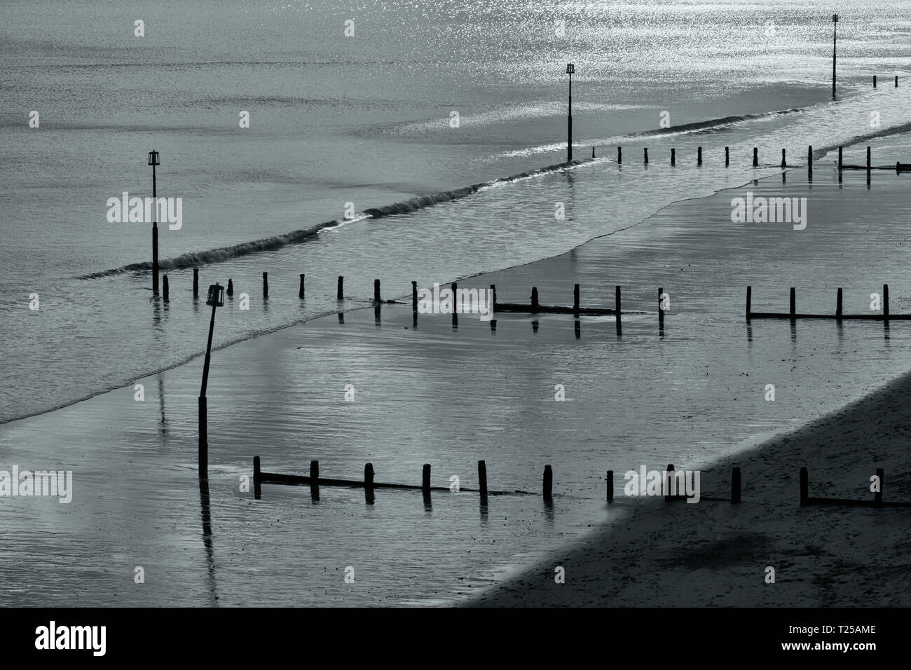 Station balnéaire en hiver : épis à marée basse, Teignmouth, Devon, UK. Split-toned version monochrome. Banque D'Images