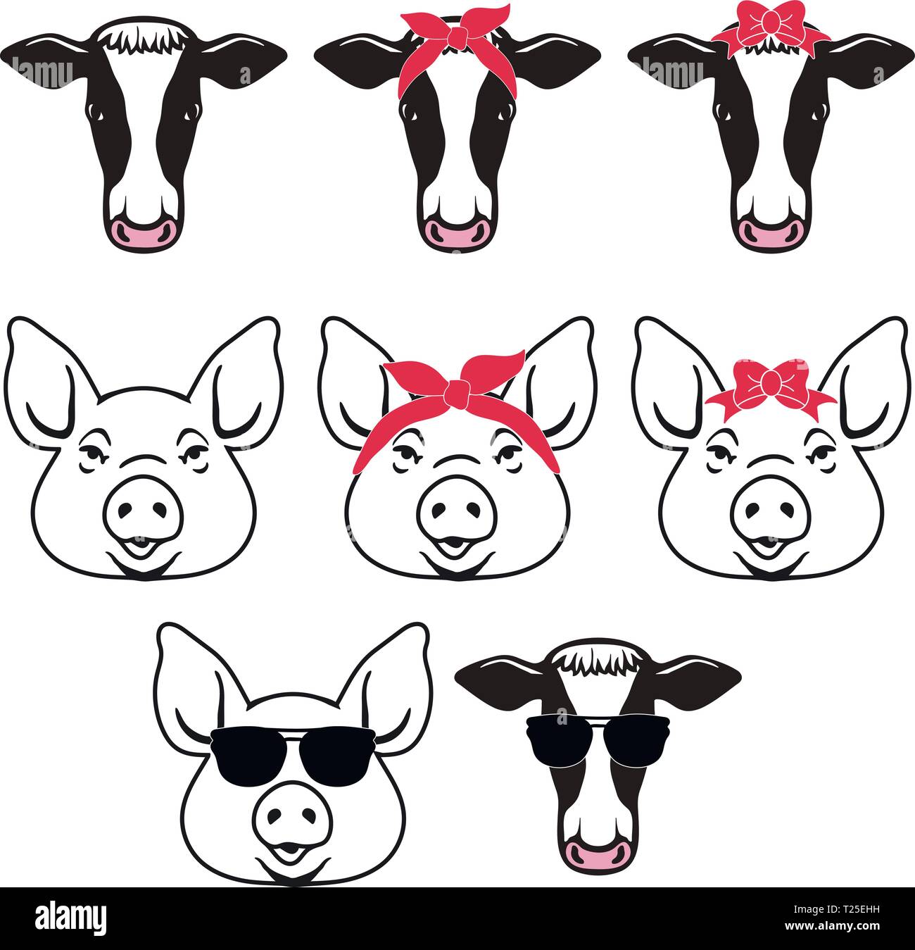 Collection de têtes de porcs et vaches élégant Illustration de Vecteur