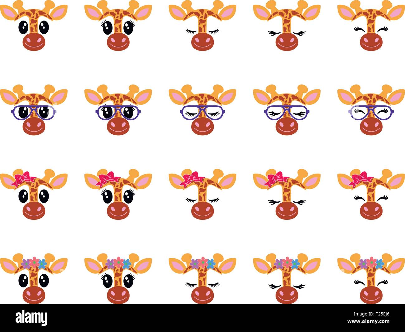 Un ensemble de vingt cute visages de girafes. Visage cils girafe Illustration de Vecteur