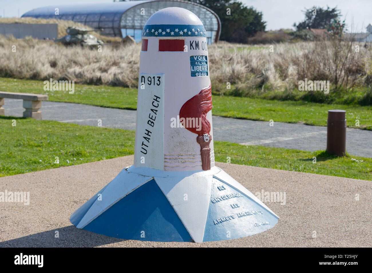 Utah Beach, Normandie, France, Mars 26, 2019, Memorial, commencer du D-Day 00 Km Route de libération à Utah Beach Banque D'Images