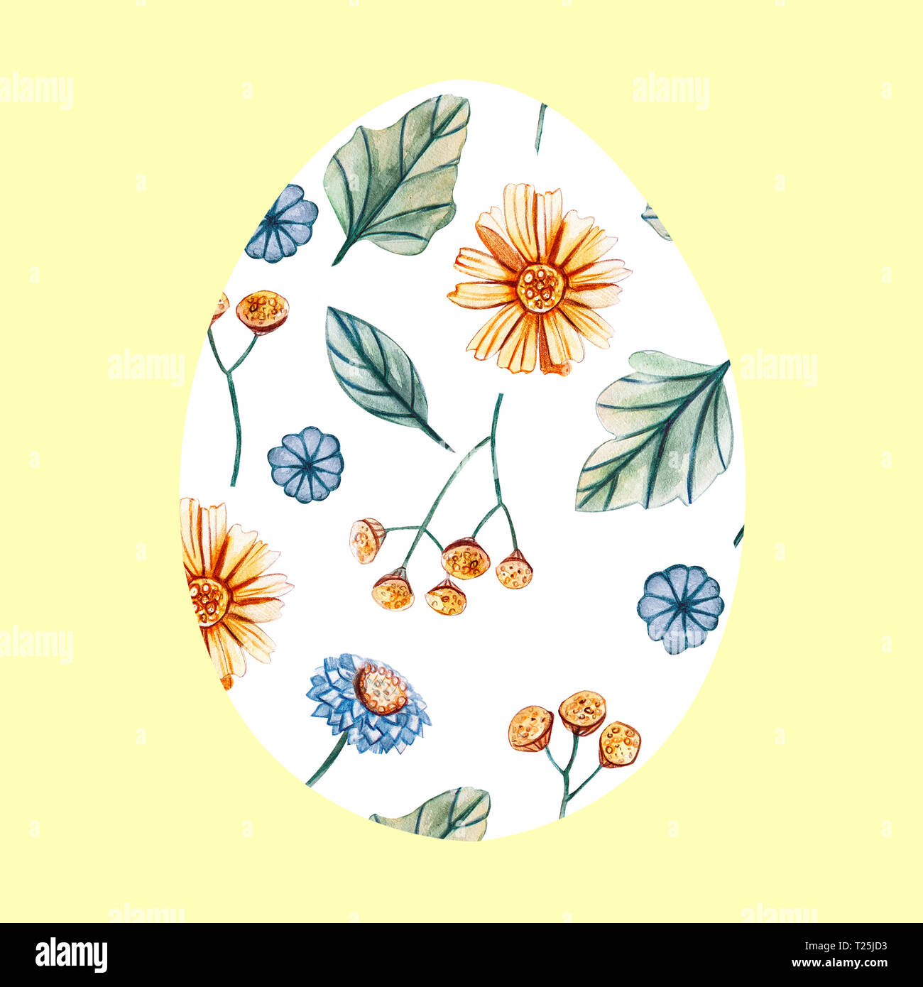 Oeuf de Pâques blanc sur fond jaune avec un motif de fleurs. Oeufs de Pâques décoration de fleurs sauvages. Marguerites jaunes, des œillets vert bleu, partie Banque D'Images