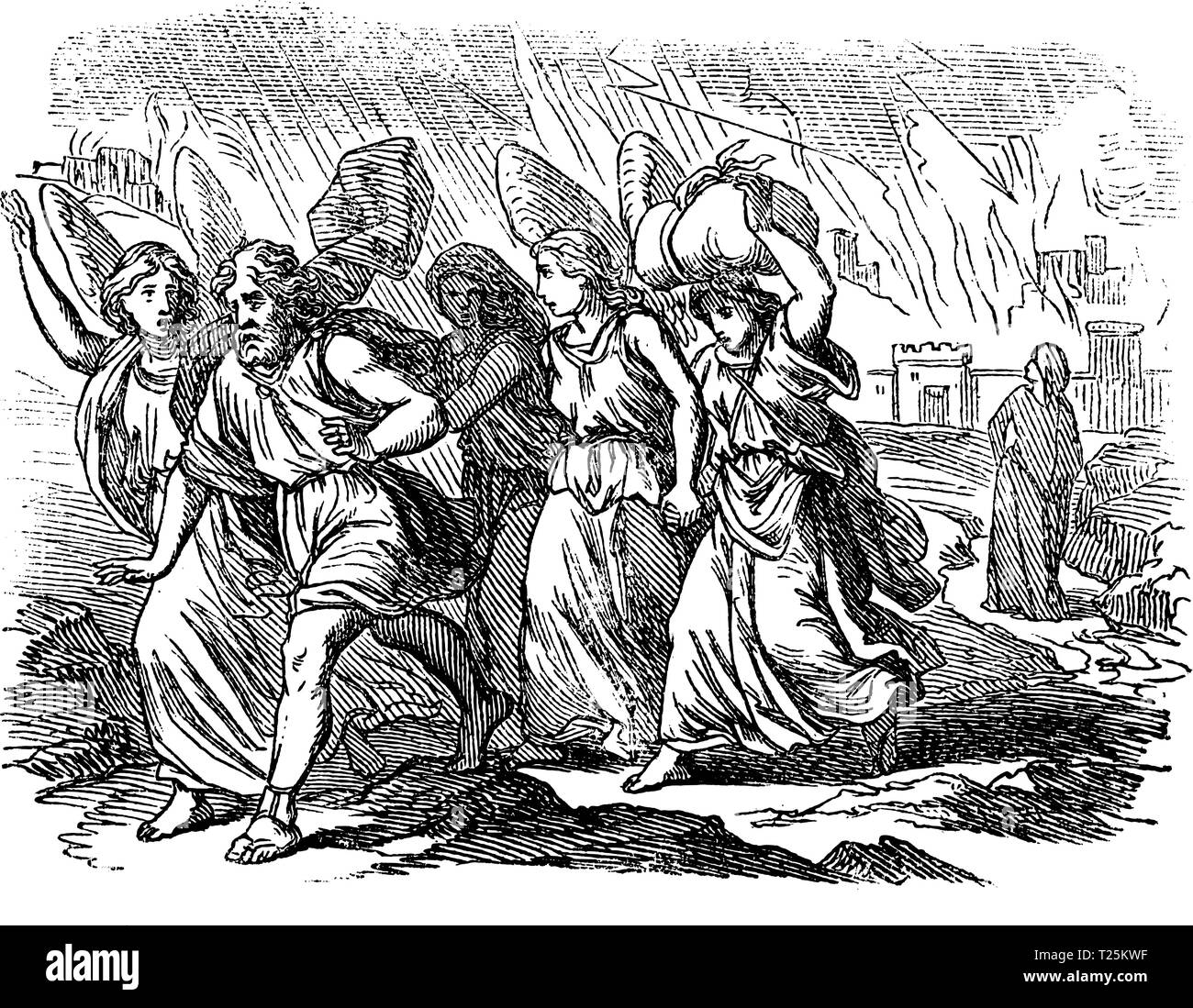 Antique Vintage illustration et dessin ou gravure d'histoire biblique au sujet de la destruction des villes de Sodome et Gomorrhe. De Biblische Geschichte des Alten und neuen Testaments, Allemagne 1859.Genèse 18-19. Illustration de Vecteur