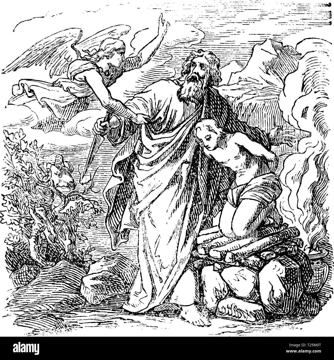 Antique Vintage illustration et dessin ou gravure d'histoire biblique d'Abraham va sacrifier son fils Isaac, mais s'est arrêté par Angel.De Biblische Geschichte des Alten und neuen Testaments, Allemagne 1859. Genèse 22. Illustration de Vecteur