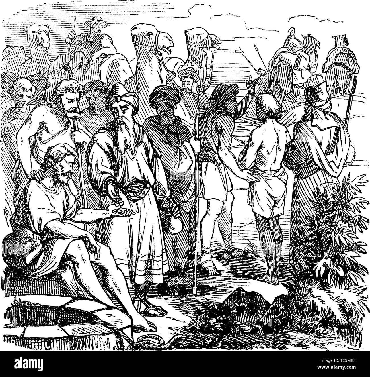 Antique Vintage illustration et dessin ou gravure d'histoire biblique au sujet de Joseph vendu dans à l'esclavage par ses frères. De Biblische Geschichte des Alten und neuen Testaments, Allemagne 1859. Genèse 37. Illustration de Vecteur