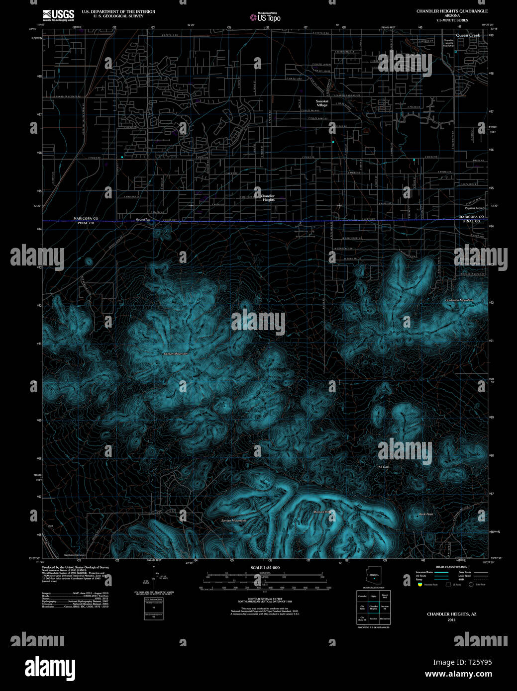 Carte TOPO USGS Arizona AZ Chandler Heights 20111108 TM Restauration inversé Banque D'Images