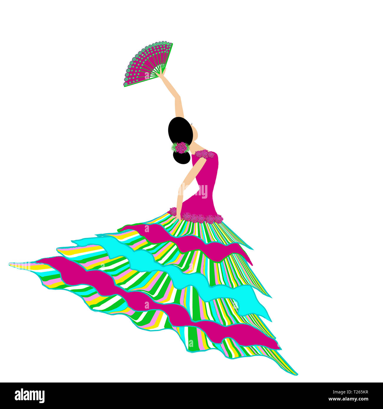 Danseuse de Flamenco graphique porter robe vivement colorées en agitant une fan en dansant. Isolé sur blanc et/ou de fond noir. Banque D'Images