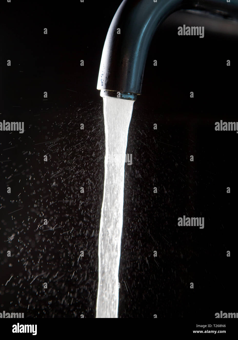 Vatten från en vattenkran i ett kök. Banque D'Images