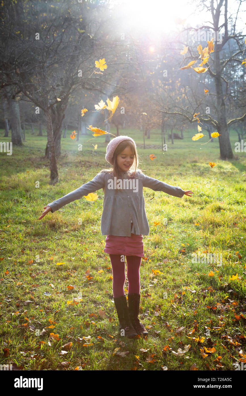 Jeune fille sur pré en automne, les feuilles d'automne Banque D'Images