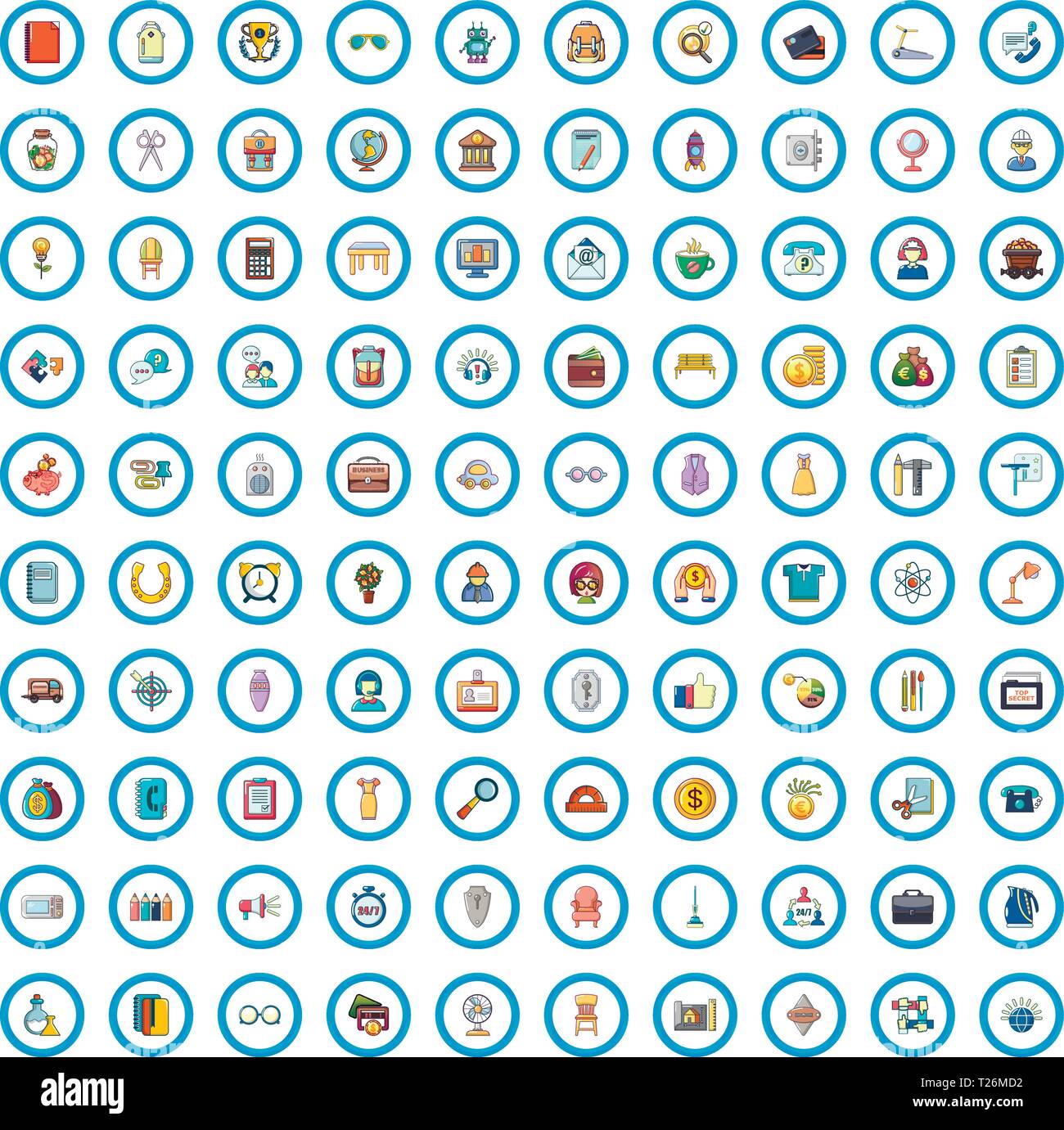 Bureau 100, cartoon style icons set Illustration de Vecteur