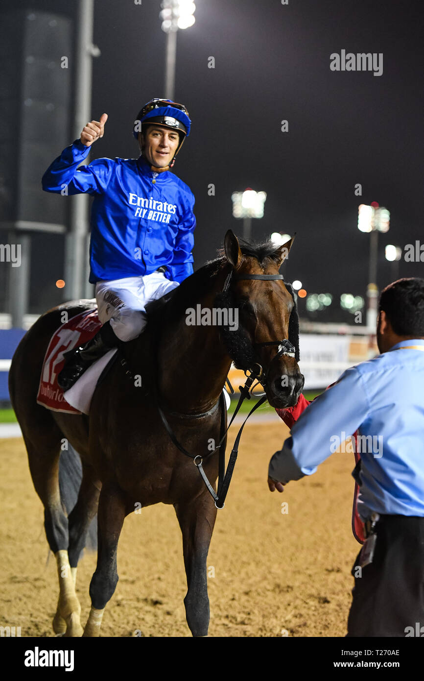 Dubaï, Émirats arabes unis, 30 mars 2019. Thunder Snow devient le premier cheval de l'histoire à remporter la Coupe du Monde de Dubaï deux fois. Monté par Christophe Soumillon et formés par Saeed bin Suroor pour propriétaires Godolphin Crédit : Feroz Khan/Alamy Live News Banque D'Images