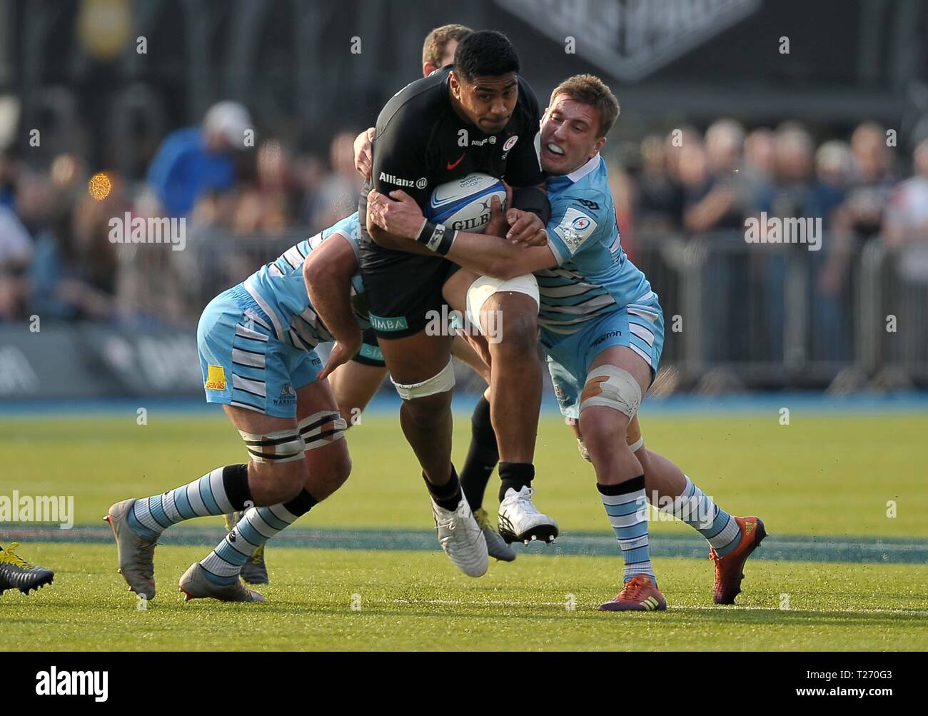 Allianz Park, Londres, UK. 30 mars 2019. S'Skelton (sarrasins) tente de briser la défense de Glasgow. Saracens v Glasgow Warriors. Quart de finale. Heineken Cup Champions. Allianz Park. Londres. UK. 30/03/2019. Credit : Sport en images/Alamy Live News Banque D'Images
