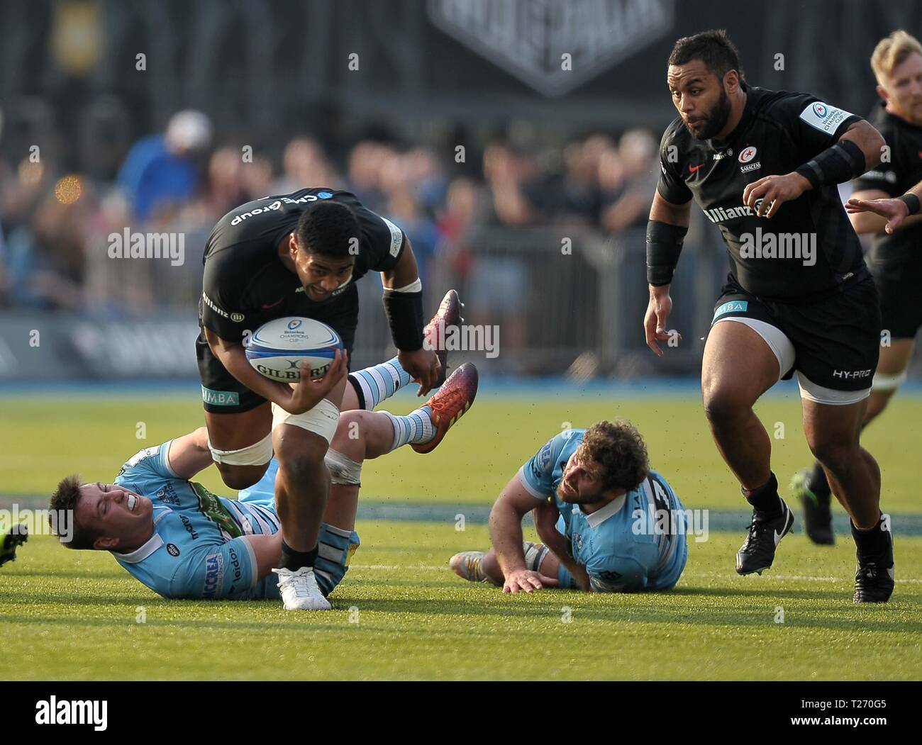 Allianz Park, Londres, UK. 30 mars 2019. S'Skelton (sarrasins) tente de briser la défense de Glasgow. Saracens v Glasgow Warriors. Quart de finale. Heineken Cup Champions. Allianz Park. Londres. UK. 30/03/2019. Credit : Sport en images/Alamy Live News Banque D'Images