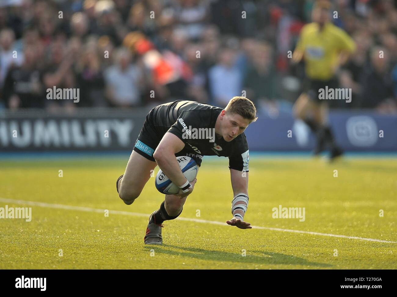 Allianz Park, Londres, UK. 30 mars 2019. David Strettle (sarrasins) marque un essai. Saracens v Glasgow Warriors. Quart de finale. Heineken Cup Champions. Allianz Park. Londres. UK. 30/03/2019. Credit : Sport en images/Alamy Live News Banque D'Images