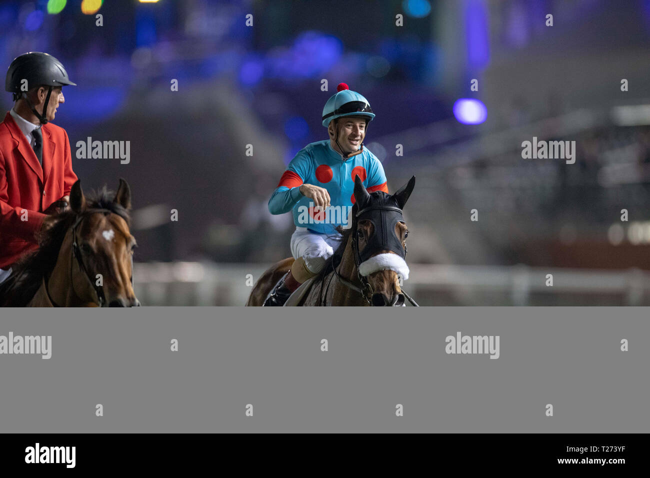 Dubaï, Émirats arabes unis. 30Th Mar, 2019. Almond Eye, monté par Christophe Lemaire remporte le groupe 1 sur gazon de Dubaï Dubai World Cup nuit à l'Hippodrome de Meydan à Dubaï. Michael McInally Sportswire/Eclipse/CSM/Alamy Live News Banque D'Images