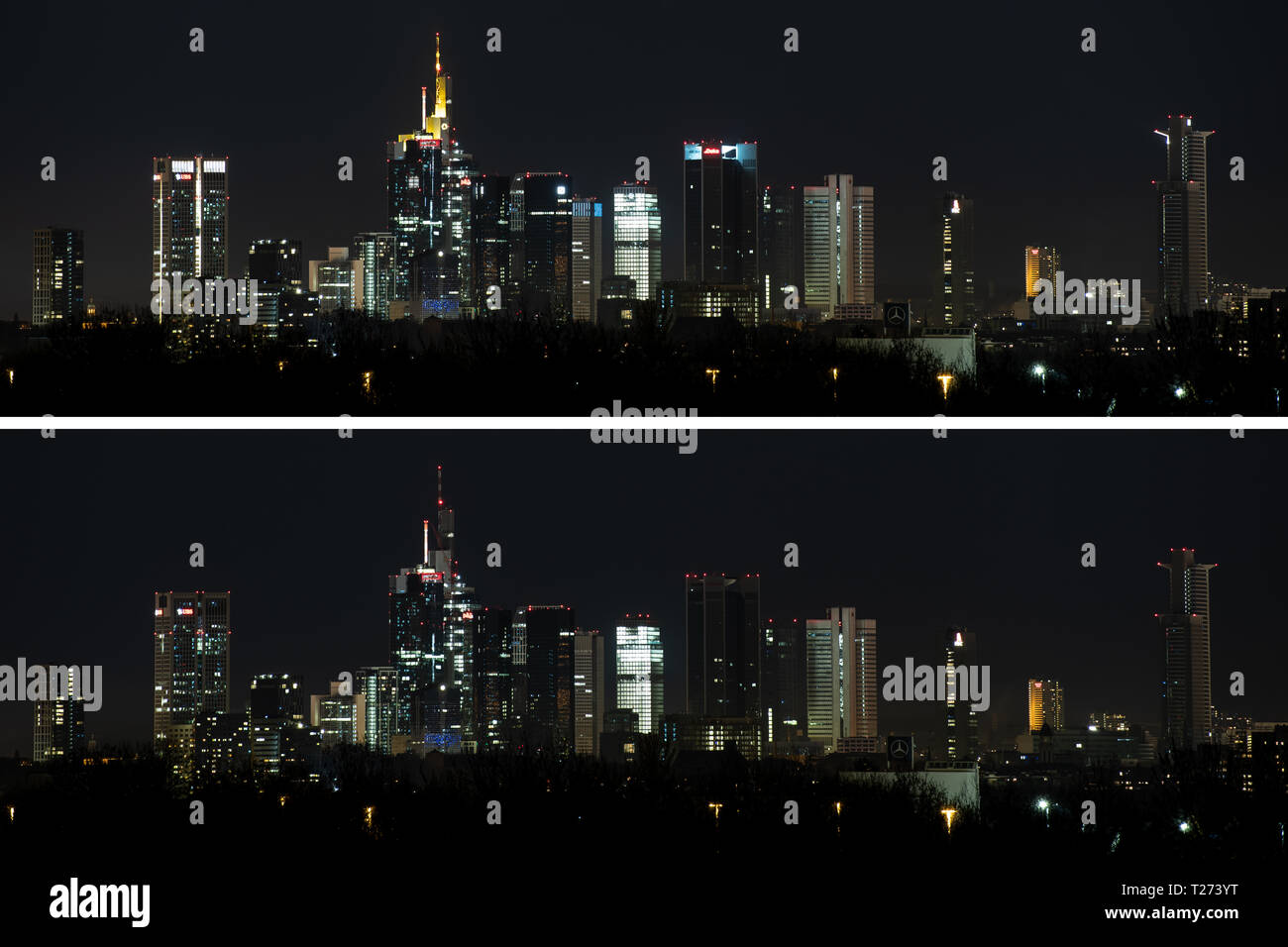 30 mars 2019, Hessen, Frankfurt/Main : KOMBO - les gratte-ciel de Francfort au cours de l' "heure de la Terre et de l'allumé en gratte-ciel avant l'action. Au cours de la campagne annuelle "l'heure de la Terre" de nombreuses villes d'assombrir leurs landmarks le samedi soir. Photo : Silas Stein/dpa dpa : Crédit photo alliance/Alamy Live News Banque D'Images