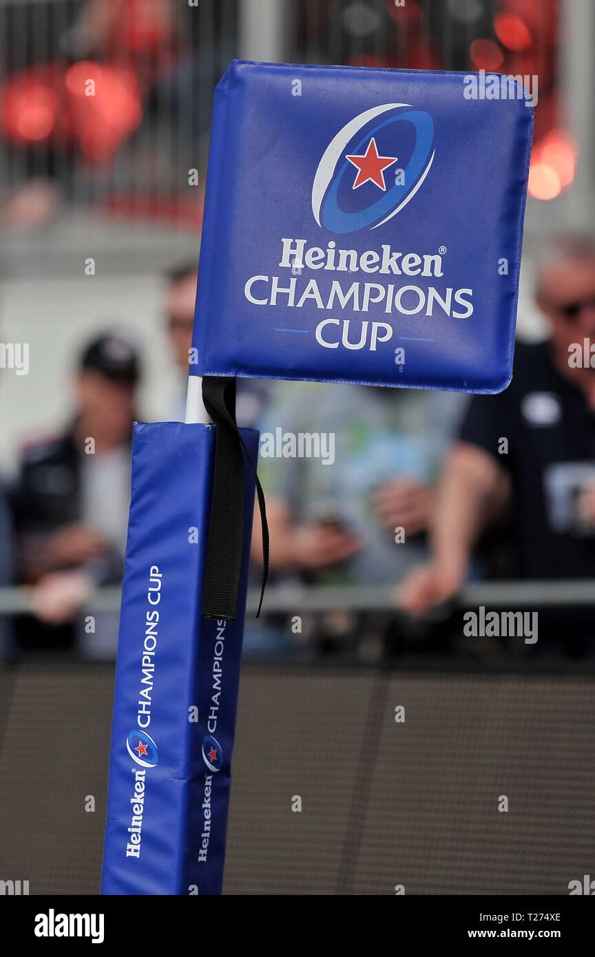 Londres, Royaume-Uni. 30 mars 2019. Le poteau de coin avec la marque. Saracens v Glasgow Warriors. Quart de finale. Heineken Cup Champions. Allianz Park. Londres. UK. 30/03/2019. Credit : Sport en images/Alamy Live News Banque D'Images