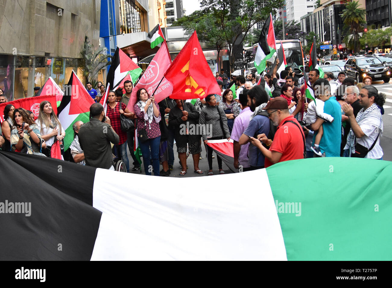 Sao Paulo, Brésil. 30 mars 2019. Agir contre le président de la République, Bolsonaro Jaďr, et contre Israël, et en faveur de la Palestine, ce samedi (30) à l'Av. Paulista. (Photo : Roberto Casimiro/Fotoarena) Banque D'Images