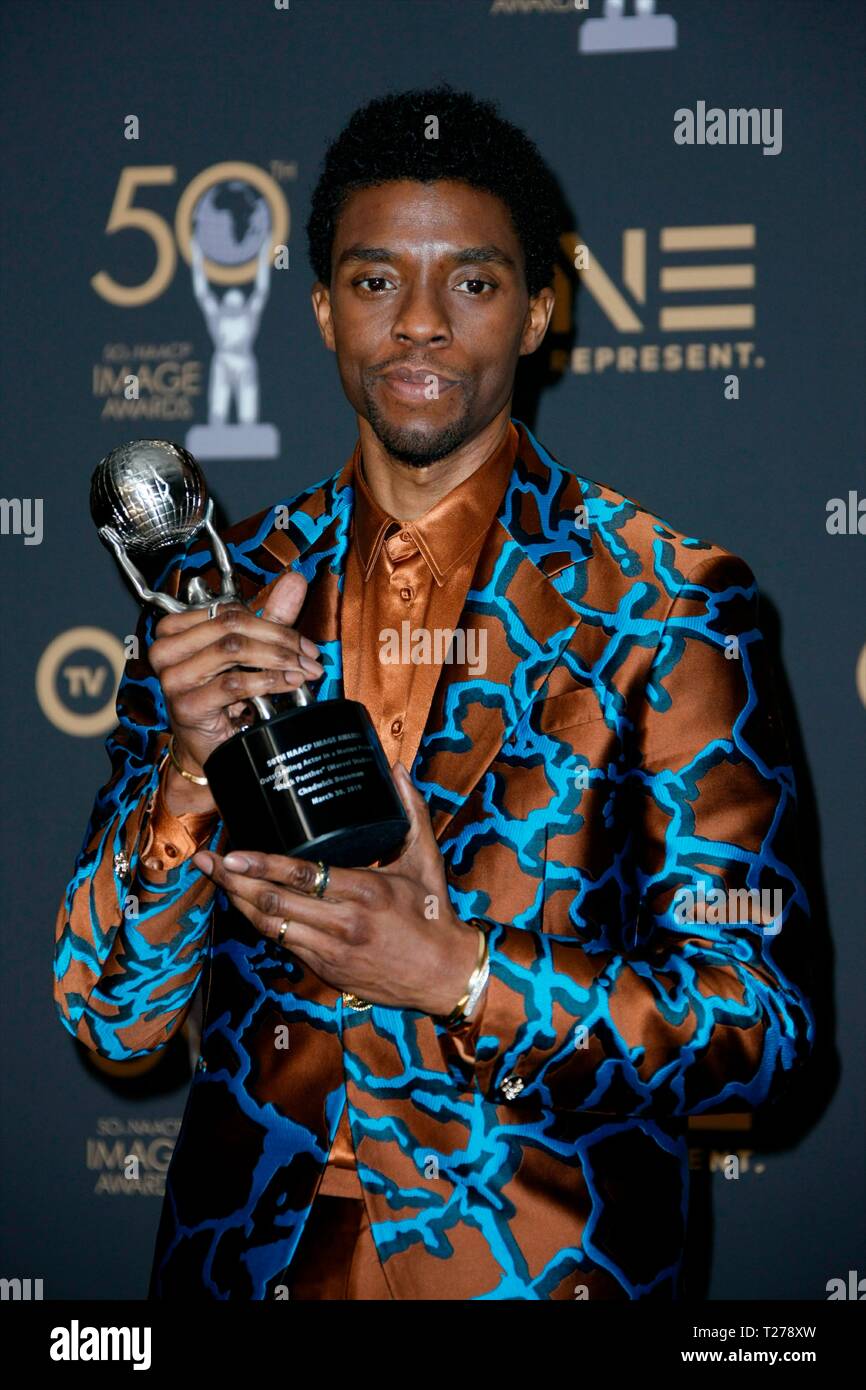 Californie, USA. 30 mars 2019. Chadwick Boseman à la 50ème NAACP Image Awards Press Room Le Dolby Theatre le 30 mars 2019 à Hollywood, CA. Credit : Crédit : CraSH/imageSPACE Imagespace/Alamy Live News Banque D'Images