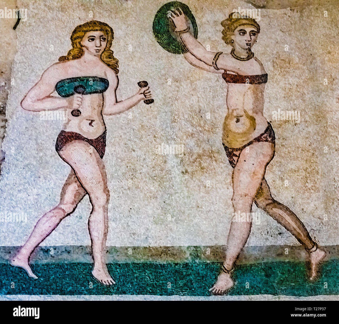 Incroyablement bien conservée mosaïques dans les ruines de l'ancienne villa romaine de la Villa Romana del Casale, près de Piazza Armerina, le sud de la Sicile, en Italie. Banque D'Images