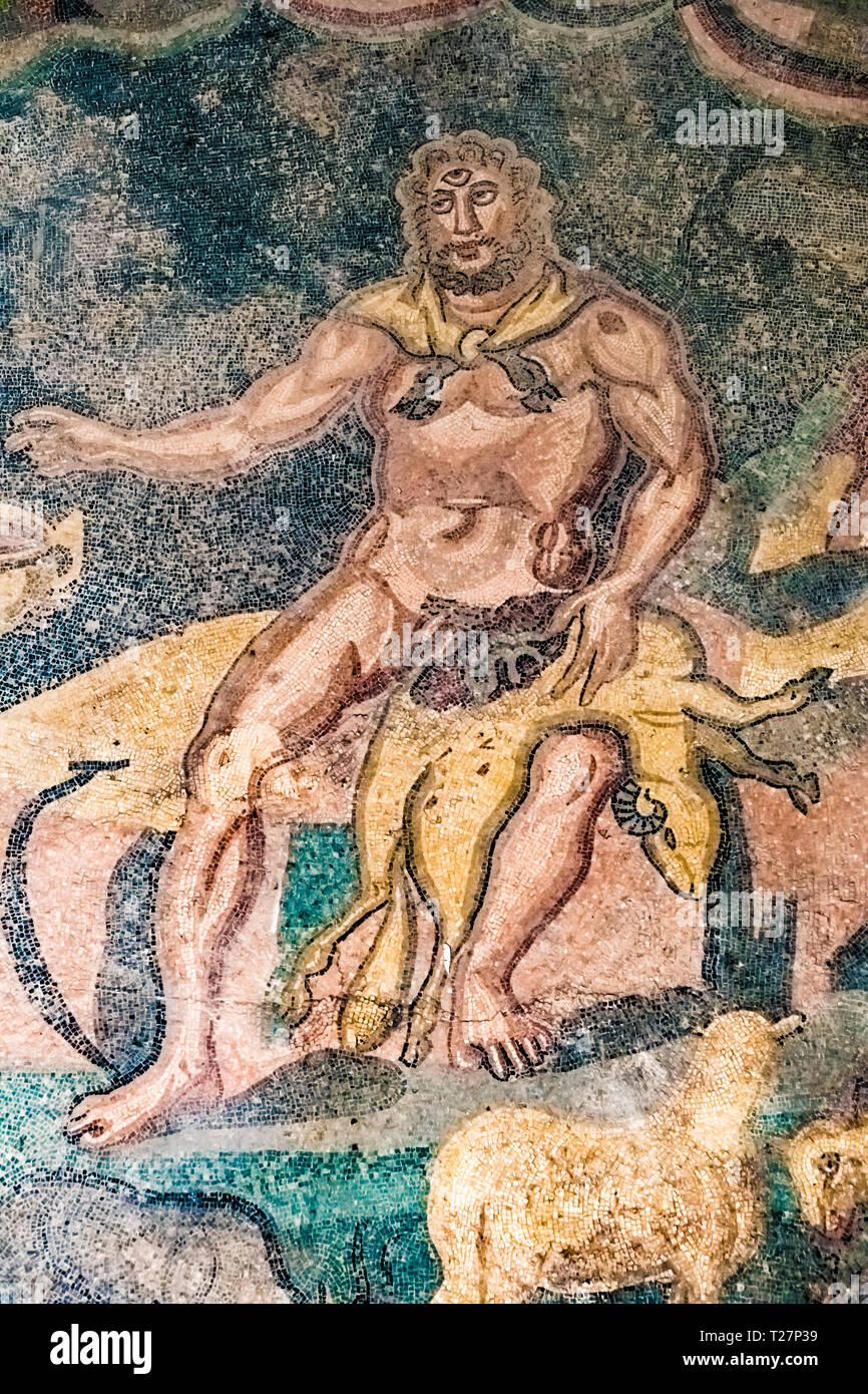 Incroyablement bien conservée mosaïques dans les ruines de l'ancienne villa romaine de la Villa Romana del Casale, près de Piazza Armerina, le sud de la Sicile, en Italie. Banque D'Images