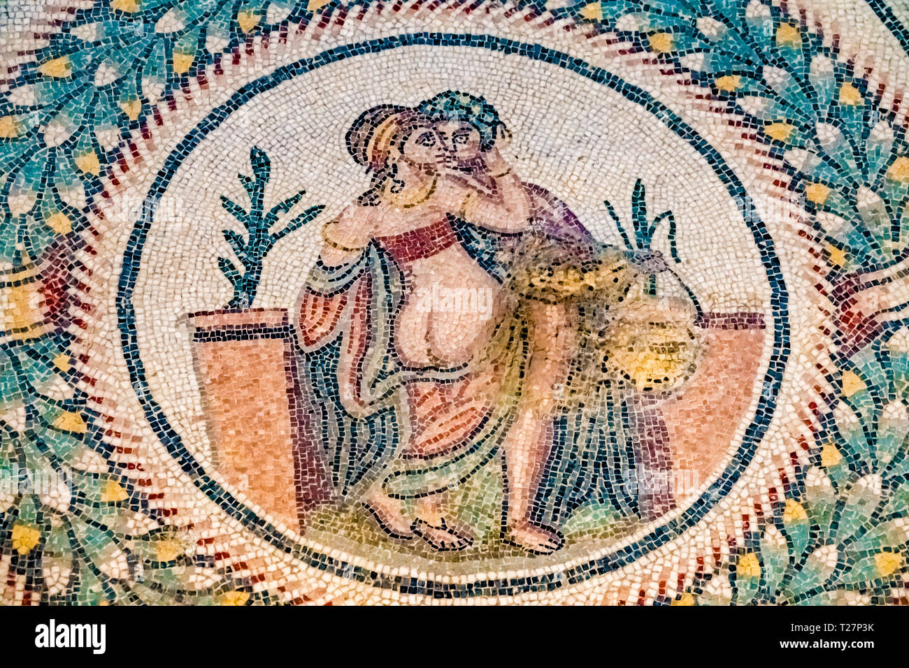 Incroyablement bien conservée mosaïques dans les ruines de l'ancienne villa romaine de la Villa Romana del Casale, près de Piazza Armerina, le sud de la Sicile, en Italie. Banque D'Images