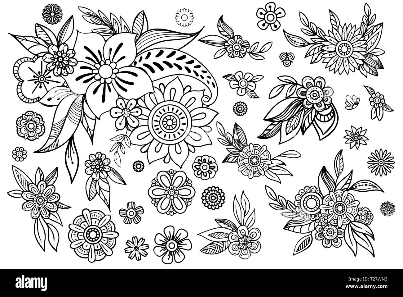Collection de fleurs à la main. Floral design éléments exposés. Vector illustration noir et blanc en gribouillages style. Isolé sur fond blanc. Illustration de Vecteur
