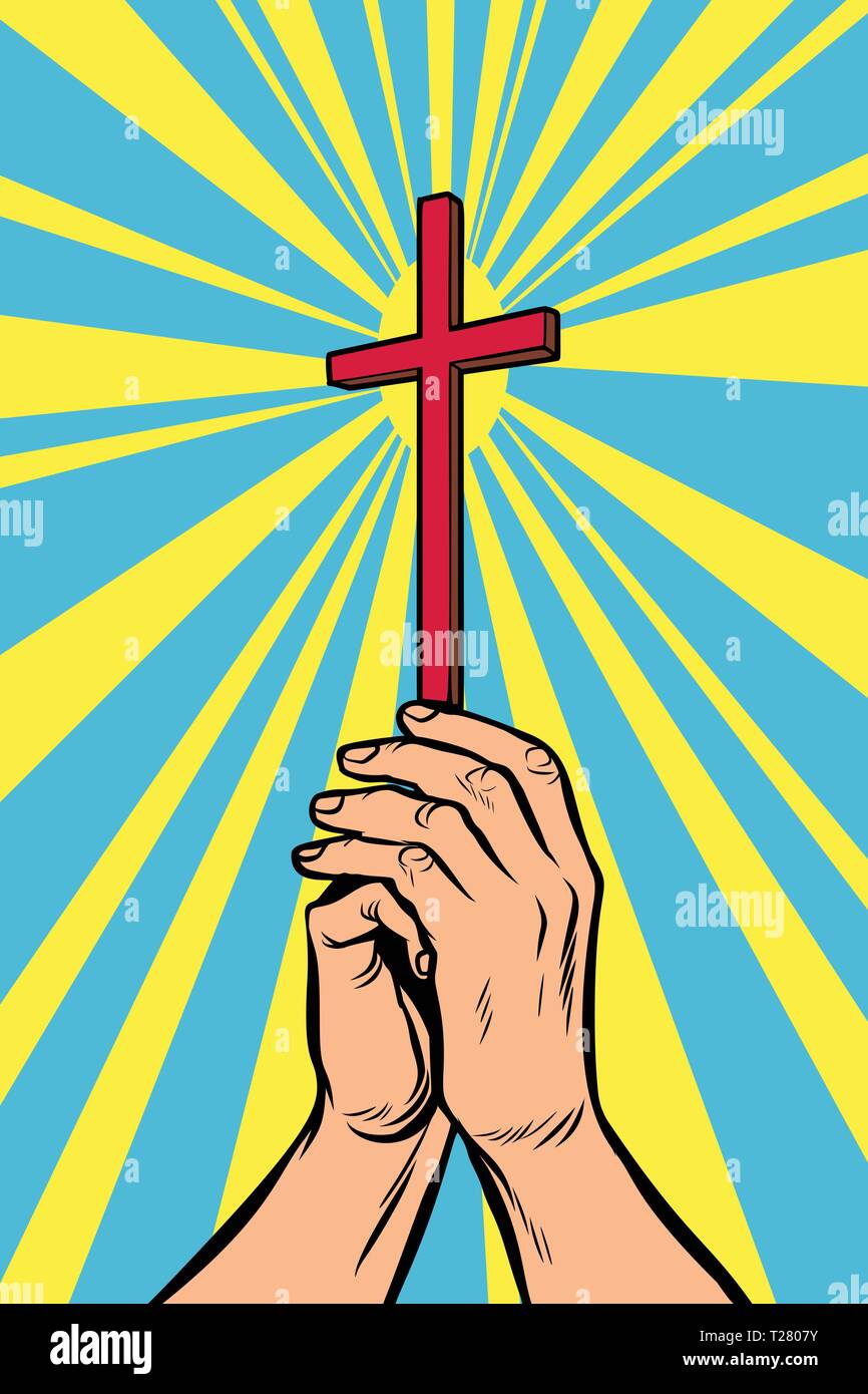 La croix chrétienne à la lumière, les mains du croyant Illustration de Vecteur