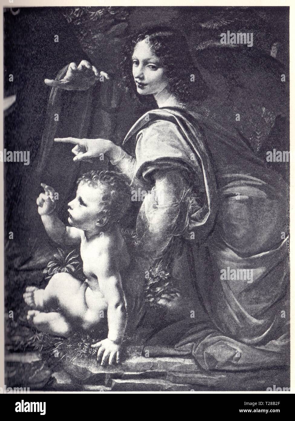 LÉONARD DE VINCI. DÉTAIL DE LA VIERGE DES ROCHERS ( ANGE ET CHRIST ENFANT ) Banque D'Images