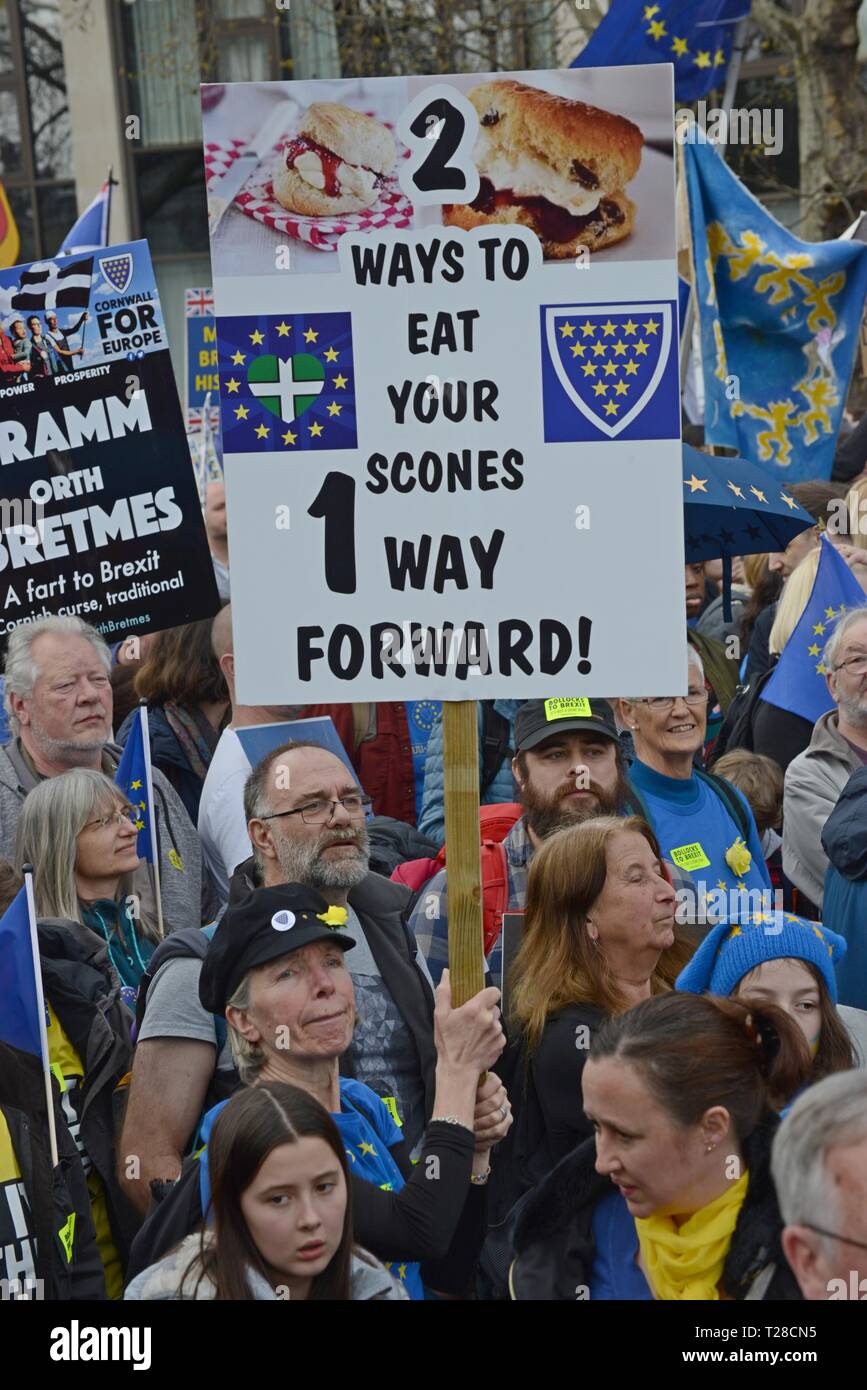 Londres, Royaume-Uni, 23 mars 2019. Une femme est titulaire d'une plaque à un Brexit contre mars et à l'appui d'un second référendum sur l'adhésion à l'UE Banque D'Images