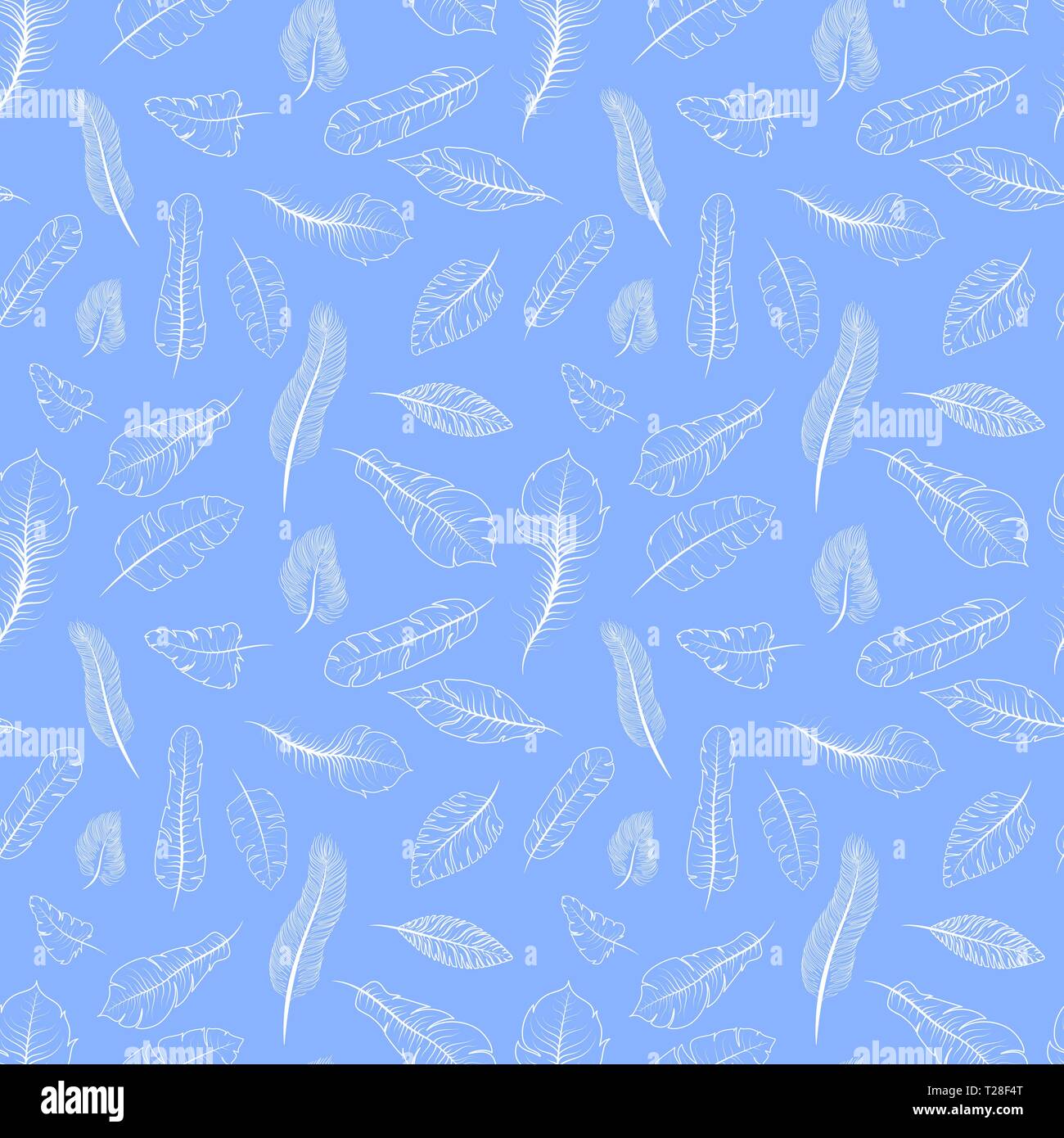 Blanc différentes plumes exotiques sur bleu, motif transparent Illustration de Vecteur