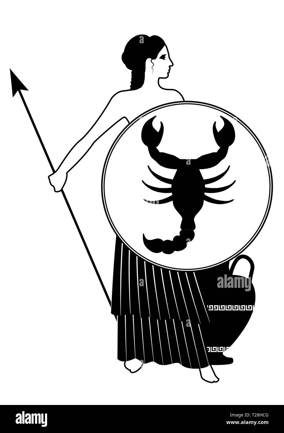 Zodiac dans le style de l'ancienne Grèce. Scorpion. Warrior woman dressed dans le style de la Grèce antique, portant un bouclier avec un scorpion et lance avec Illustration de Vecteur