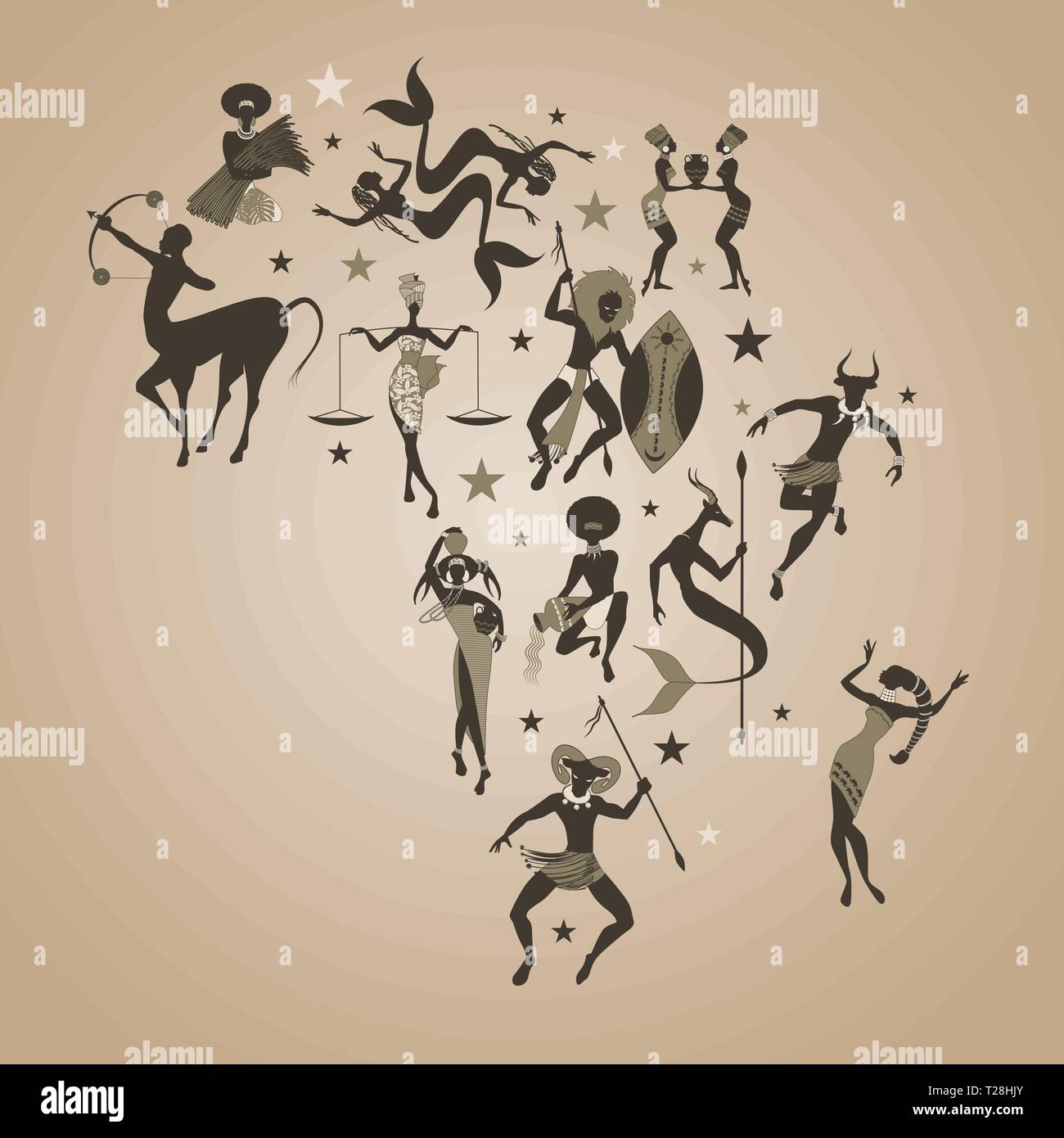 Zodiac carte de l'Afrique. Signes du zodiaque African ou tribal, créant la forme de la carte de l'Afrique Illustration de Vecteur