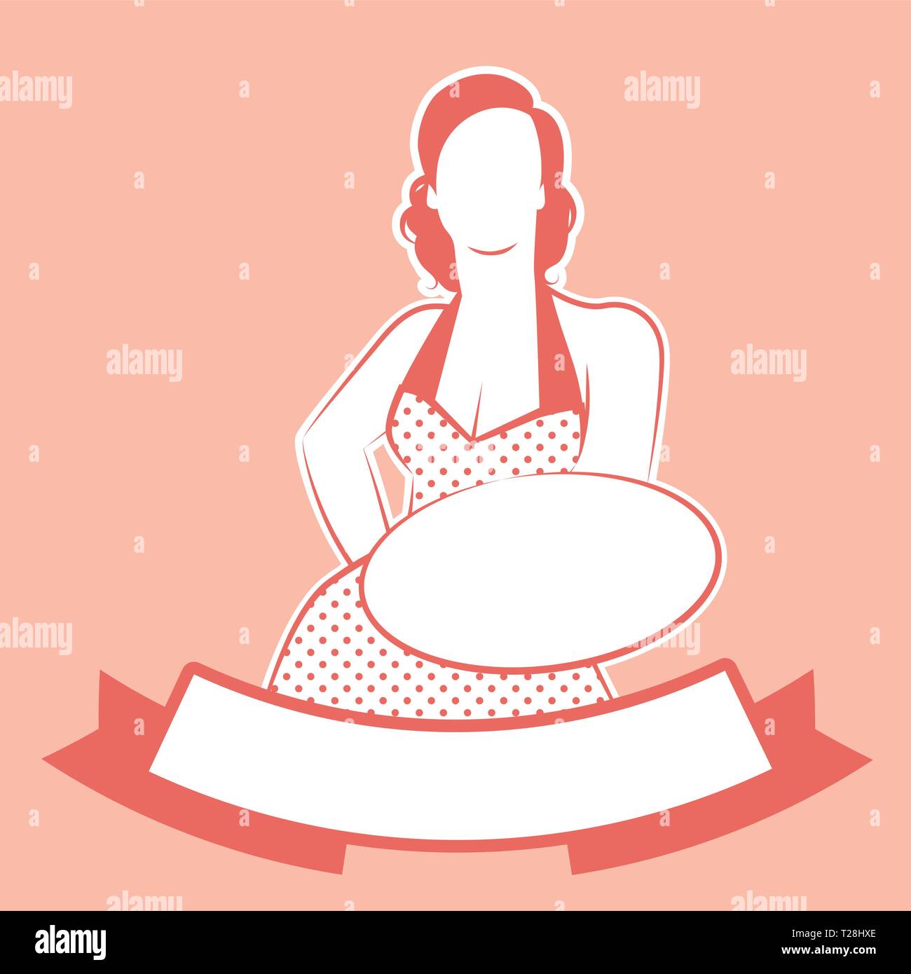 Femme au foyer rétro robe à pois port cook montrant une assiette ou un plateau et étiquette vierge pour votre texte Illustration de Vecteur
