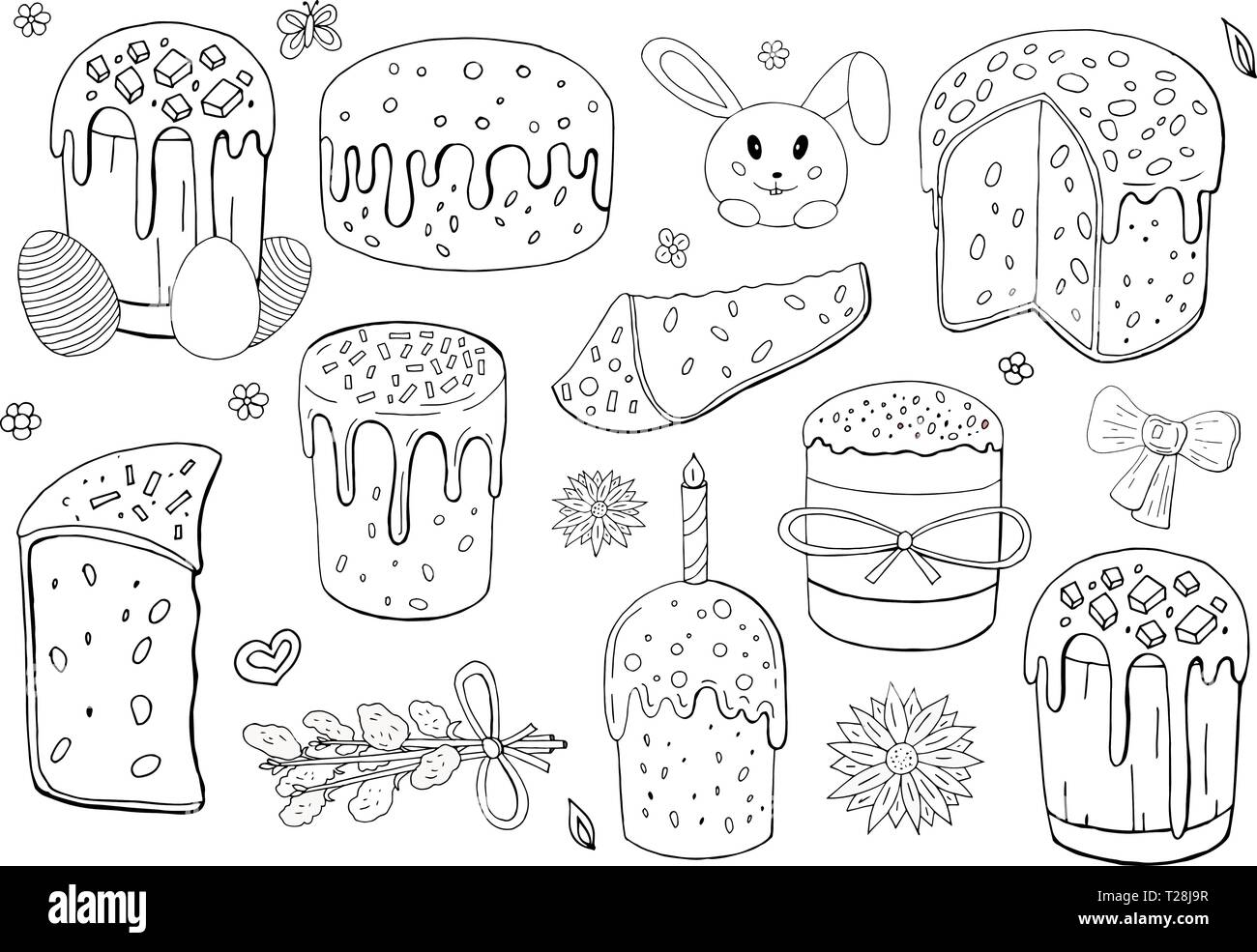 Jeu de noir et blanc gâteaux de Pâques et les oeufs isolé sur fond blanc. Heureux Vacances de Pâques Illustration de Vecteur