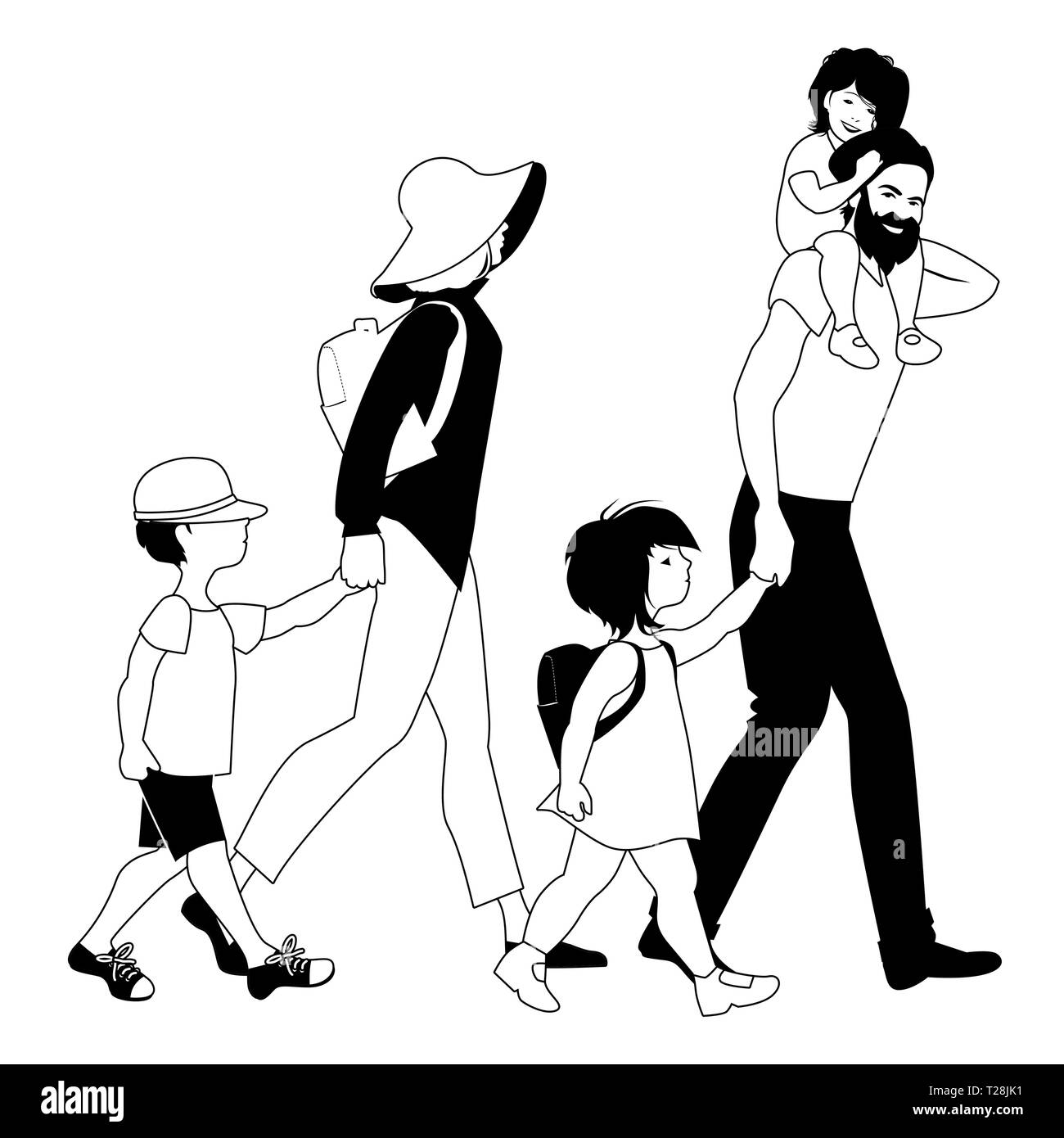 La famille des promenades. Hipster Trois enfants. Père barbu et belle mère avec chapeau et sac à dos. Illustration de Vecteur