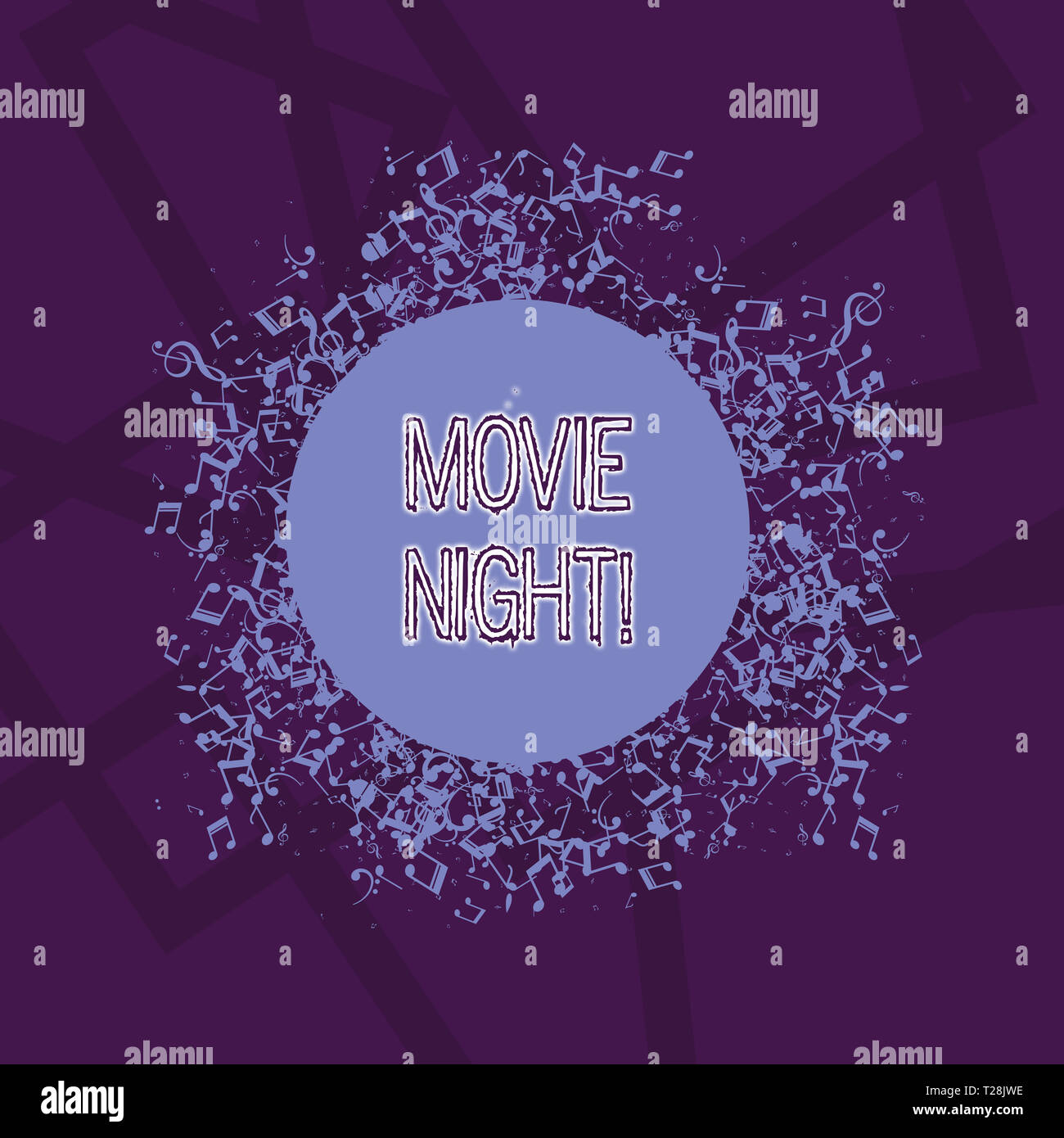 Texte de l'écriture manuscrite Movie Night. Photo conceptuelle raconte l'histoire et qui montre à l'écran montrant la télévision ou Disarrayed et confus des notes de musique su l'icône Banque D'Images