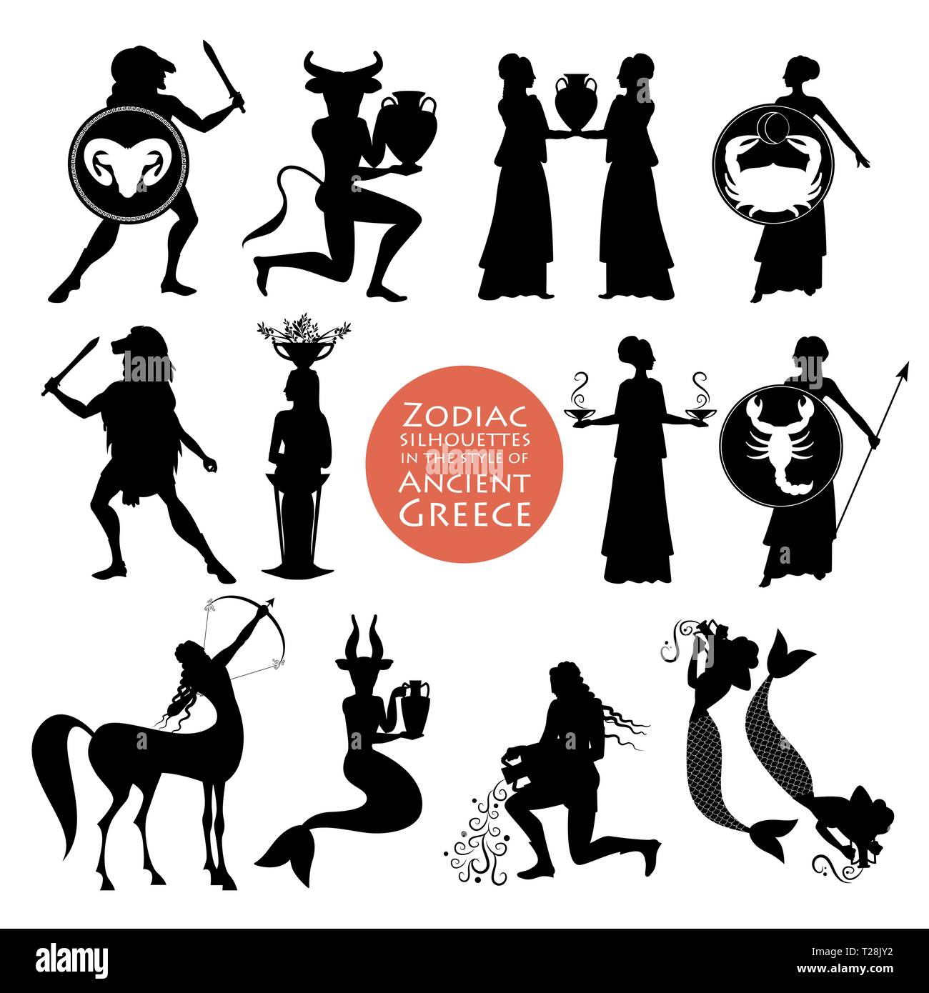 Silhouettes des signes du zodiaque dans le style de l'ancienne Grèce isolé sur fond blanc Illustration de Vecteur