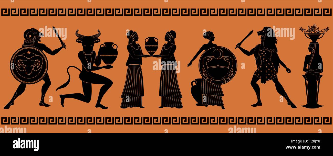 Les six premiers signes du zodiaque comme des mythes de la Grèce antique en bordure décorative : Bélier, Taureau, Gémeaux, Cancer, Lion, Vierge Illustration de Vecteur