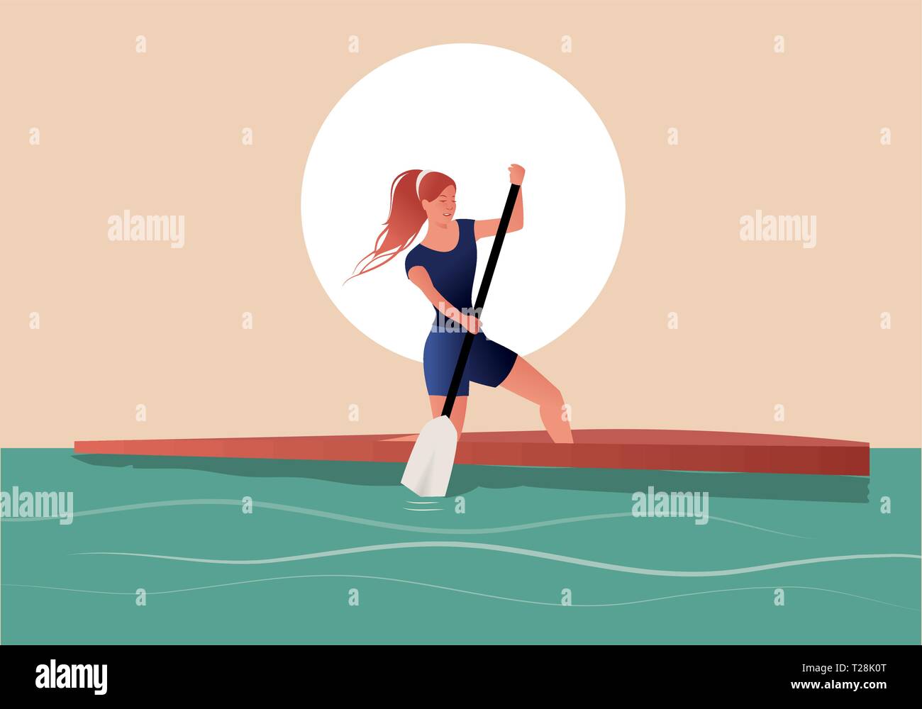 Fille de l'athlète avec des cheveux dans le vent la pratique de l'aviron sportive dans un canot Illustration de Vecteur