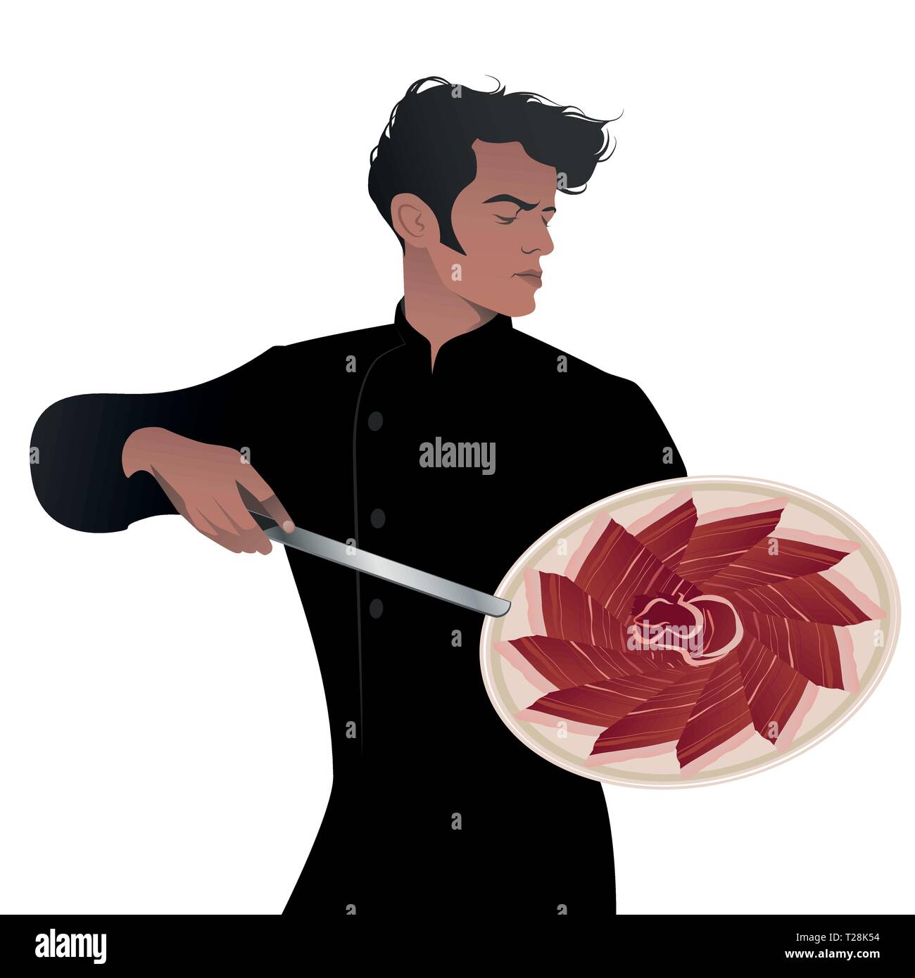 Beau chef espagnol tenant un couteau et montrant un plat délicieux de jambon ibérique, isolé sur fond blanc Illustration de Vecteur
