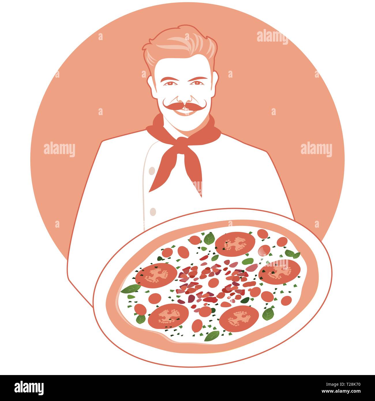 Smiling mustachioed cook avec un bandana autour du cou d'une sauce béchamel avec de la mozzarella, tomates et olives Illustration de Vecteur