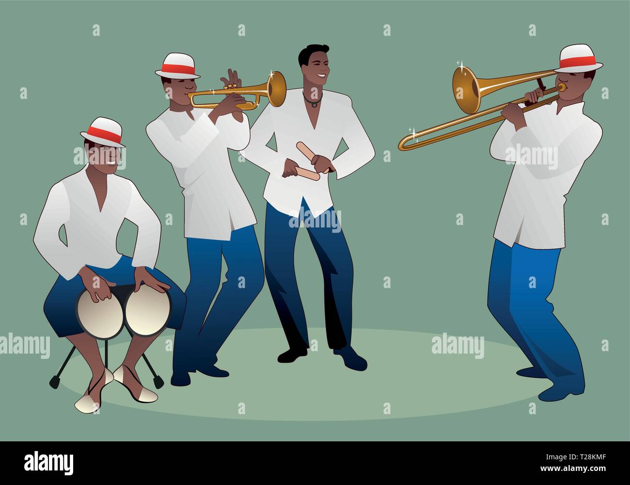 Bande d'Amérique latine. Quatre musiciens jouant de l'Amérique latine, bongos, claves trompette et trombone. Illustration de Vecteur