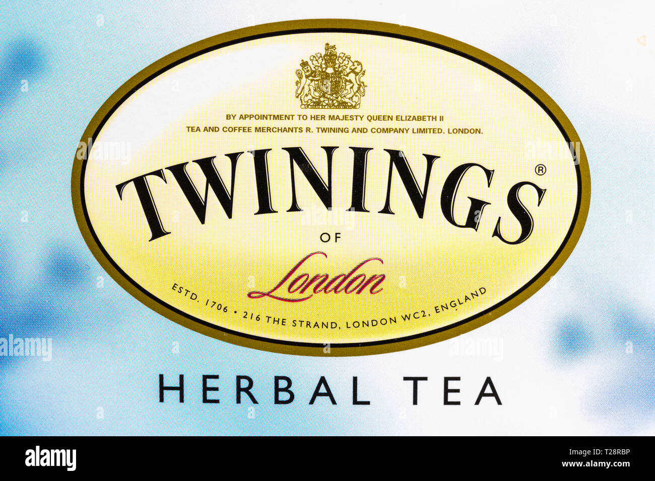 Twinings of London, tisane. Conception du logo ou marquage couvrant la boîte du produit. Banque D'Images