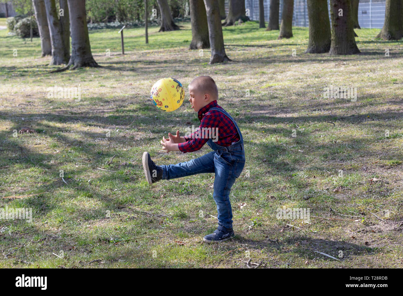 Petit garçon jouer au ballon sur la pelouse. L'enfant apprend à marcher  ramasse le ballon. De plein air jeux d'extérieur Photo Stock - Alamy